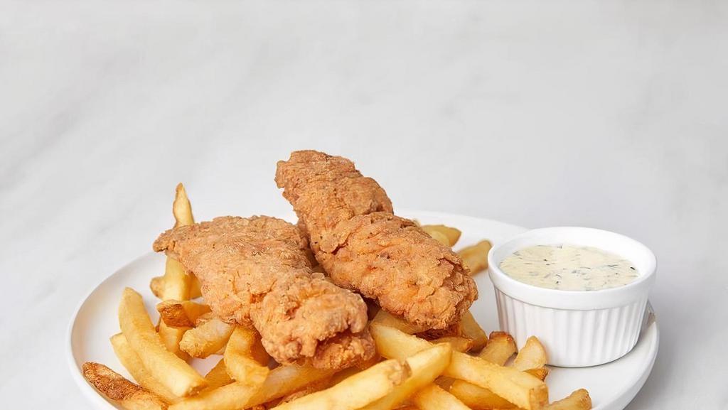 Kids Chicken Strips · (2) Chicken Strips served with regular fries and  ranch dipping sauce.