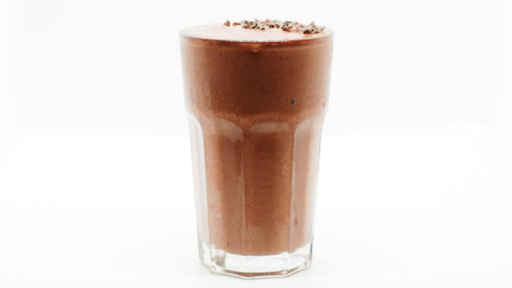 Chocolate Strawberry Smoothie · Raw cacao, strawberries, banana, cacao nibs, oat milk, mct oil, coconut sugar