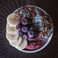 Cashew Butter Acai Smoothie Bowl · Acai, cashew almond coconut butter, strawberries, banana, and coconut water topped with glut...