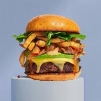 Everything You Want Burger · American beef patty topped with fries, avocado, caramelized onions, ketchup, lettuce, tomato...