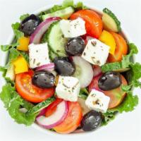 Greek Salad · Fresh greek salad made with lettuce, tomatoes, onions, pickles, cucumbers, fresh feta cheese...
