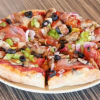 Golden Gate · (Combo Pizza)
mushrooms, tomatoes, red onions, bell peppers, olives,
pepperoni, ham, salami ...