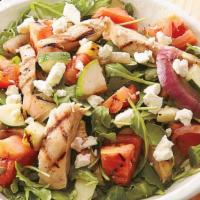 Chicken Salad · grilled chicken, lettuce, salad greens, cucumbers, cherry
tomatoes and croutons with choice ...