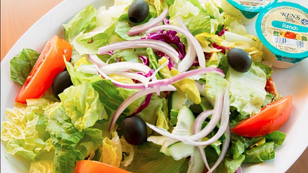 Tossed Salad · Crisp lettuce, tomatoes, red onions, red cabbage, pepperoncini, black olives, Mozzarella & Cheddar cheese.