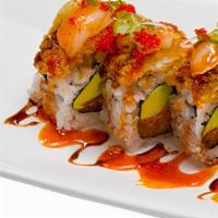 Oishi · Spicy tuna & avocado, topped with deep fried snapper, scallop, tobiko & house sauce