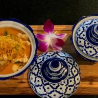 Pumpkin Curry · Gluten-free. Kabocha pumpkin, Thai basil in red curry  choice of chicken or tofu

Jasmine ri...