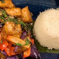 - -Vegan- -Spicy Eggplant · Wok fried eggplant, basil, chili, red bell pepper, and tofu  
 (Included white Jasmine Rice)