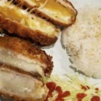 Sweet Potato Cheese Pork Cutlet · Sweet potato mozzarella cheese pork cutlet comes with rice and cabbage salad