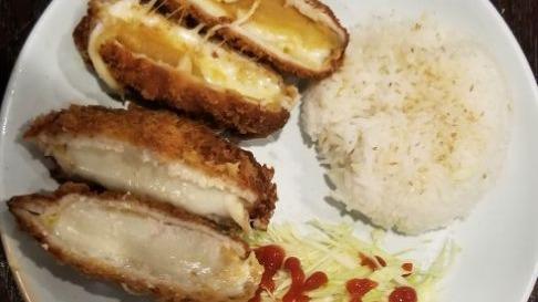 Sweet Potato Cheese Pork Cutlet · Sweet potato mozzarella cheese pork cutlet comes with rice and cabbage salad