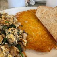Joe's Special · Eggs, Ground Beef, Spinach, Onions, Mushrooms w/ Hash Browns & Toast.
