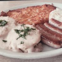 Southern Breakfast · Two Eggs any style, Biscuits w/Gravy & Hash Browns. Add (2) Bacon/Sausage for an additional ...