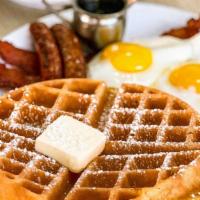 Griddle Special · Waffle or French Toast  2 Egg & 2 Bacon strips & 2 Sausage links