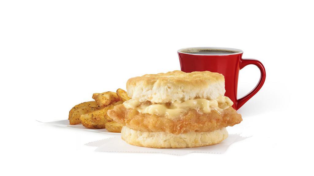 Honey Butter Chicken Biscuit Combo · A crispy, chicken fillet, perfectly seasoned and topped with maple honey butter on a fluffy buttermilk biscuit. It’s sweet, it’s savory, and it’s a great reason to get out of bed in the morning.