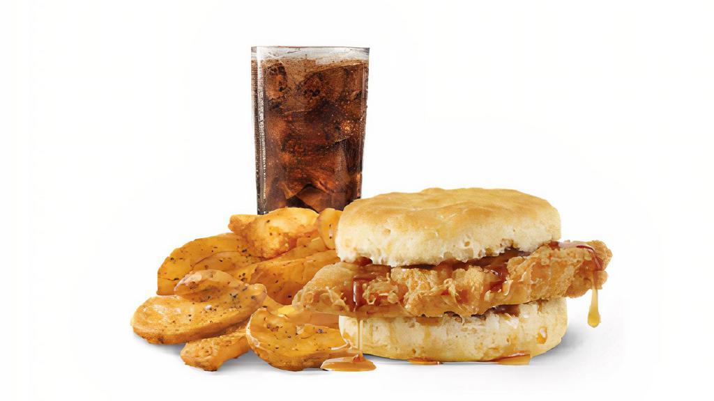 Hot Honey Biscuit Combo · A crispy, chicken fillet, perfectly seasoned and dripping with habanero hot honey sauce on a fluffy buttermilk biscuit. It’ll kick you awake, then kiss you good morning..