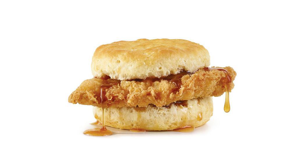 Hot Honey Chicken Biscuit · A crispy, chicken fillet, perfectly seasoned and dripping with habanero hot honey sauce on a fluffy buttermilk biscuit. It’ll kick you awake, then kiss you good morning..