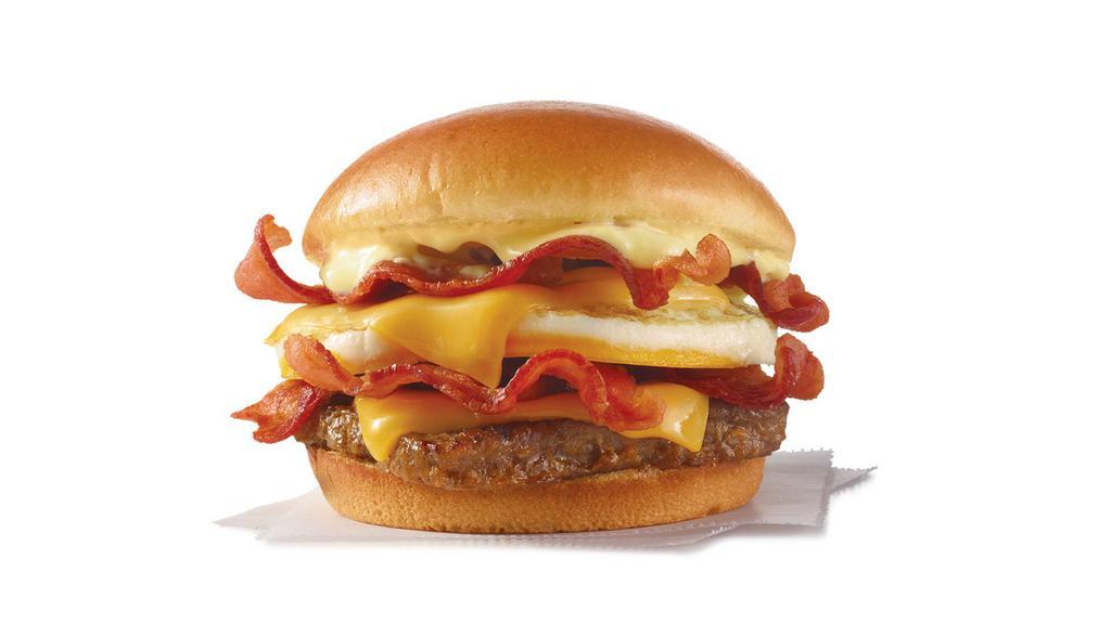 Breakfast Baconator®  · Grilled sausage, American cheese, Applewood smoked bacon, a fresh-cracked grade A egg, (deep breath) more cheese and more bacon all covered in swiss cheese sauce. Don’t just break your fast. Destroy it.