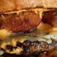 Napalm Death Burger (1/2 Lb. ) · Pepper jack, pickled jalapeno, cream cheese, jalapeno poppers, sriracha and habanero aioli.