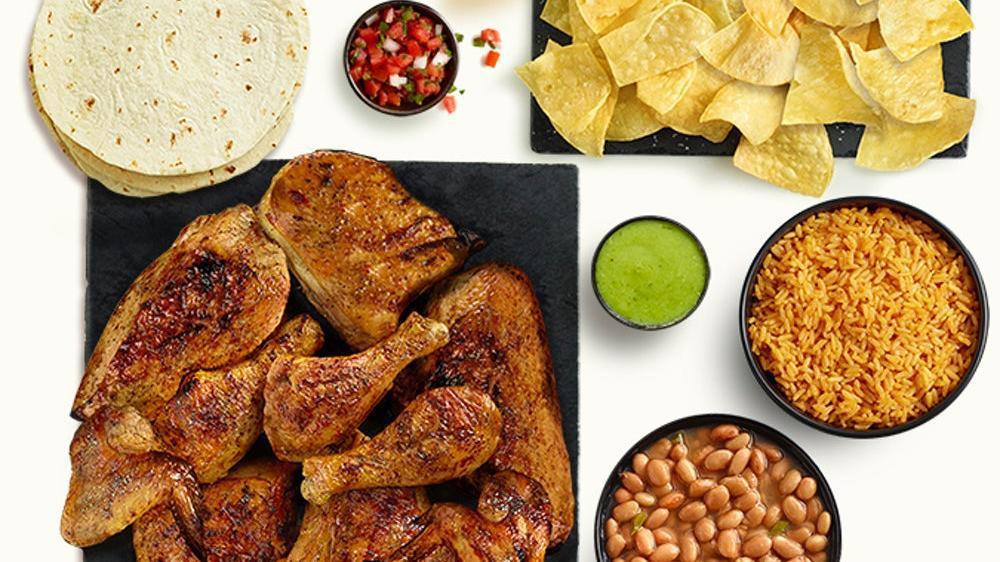 10Pc Fire-Grilled Chicken Dinner · 10 pieces of fire-grilled chicken, two large sides, warm tortillas, chips and fresh salsa.