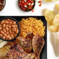 3Pc Fire-Grilled Chicken Combo · 3 pieces of fire-grilled chicken, 2 small sides and tortillas. Includes chips & salsa and dr...