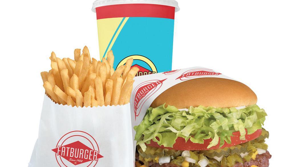 Original Fatburger (1/3Lb) Meal · The OG burger of ⅓ lb. 100% pure lean beef, fresh ground and grilled to perfection on a toasted sponge-dough bun with choice of toppings and add-ons. Served with choice of fries and a drink.