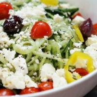 Greek Salad (Party) Serves 10-12 · Romaine Lettuce, Red Onions, Kalamata Olives, Roma Tomatoes, Feta Cheese, Oregano, Imported ...