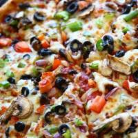 Medium Vegetable Pizza · Fresh Mushrooms, Green Peppers, Red Onions, sliced Black Olives, Roma Tomatoes