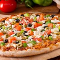 Greek Pizza · Mozzarella cheese, red onions, tomatoes, sliced kalamata olives, feta cheese, pepperoncini, ...