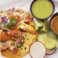 Baja-Style Fish Taco Combo (2) · Tempura battered white fish, crispy cabbage, spicy crema, pico de gallo on a corn tortilla i...