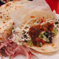 Mexicali Taco-Macho Combo (2) · Melted Jack cheese stuffed between 2 tortillas, choice of flame-grilled meat, fancy guac & s...