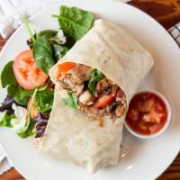 Jerk Burrito · Large tortilla filled with: cheese, rice and beans, jerk chicken, lettuce, and salsa.
