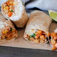 Chickpea Wrap · Vegan. Tortilla wrap filled with home made spicy chickpea, greens, cucumber, and black olives.