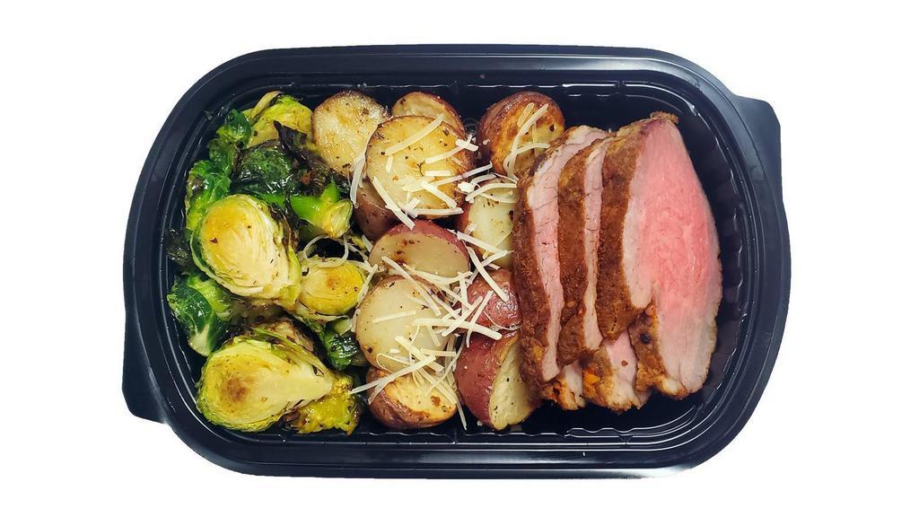 Tri Tip Single Meal · 6 oz. (approx 3 slices) Santa Maria Tri Tip, 4 oz. Roasted Brussels Sprouts, 8 oz Roasted Red Potatoes with Parmesan