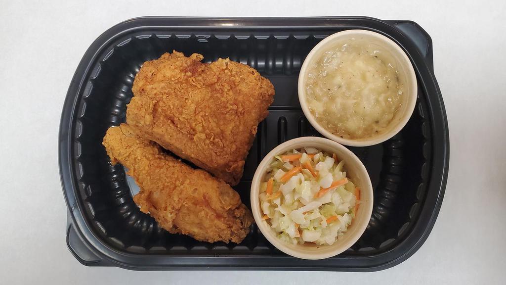 2 Piece Fried Chicken Drum & Thigh Meal · Comes with 1 drum, 1 thigh and choice of 2 (4 oz.) sides.