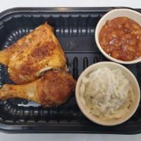 2 Piece Baked Chicken Drum & Thigh Meal · Comes with1 drum, 1 thigh and choice of 2 (4 oz.) sides.