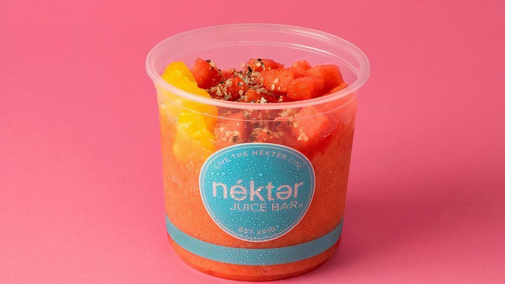 Watermelon Sorbet Bowl · Watermelon, strawberry, and pineapple blended and topped to perfection with pineapple, fresh cubed watermelon, and hemp hearts for a healthy but delicious treat.