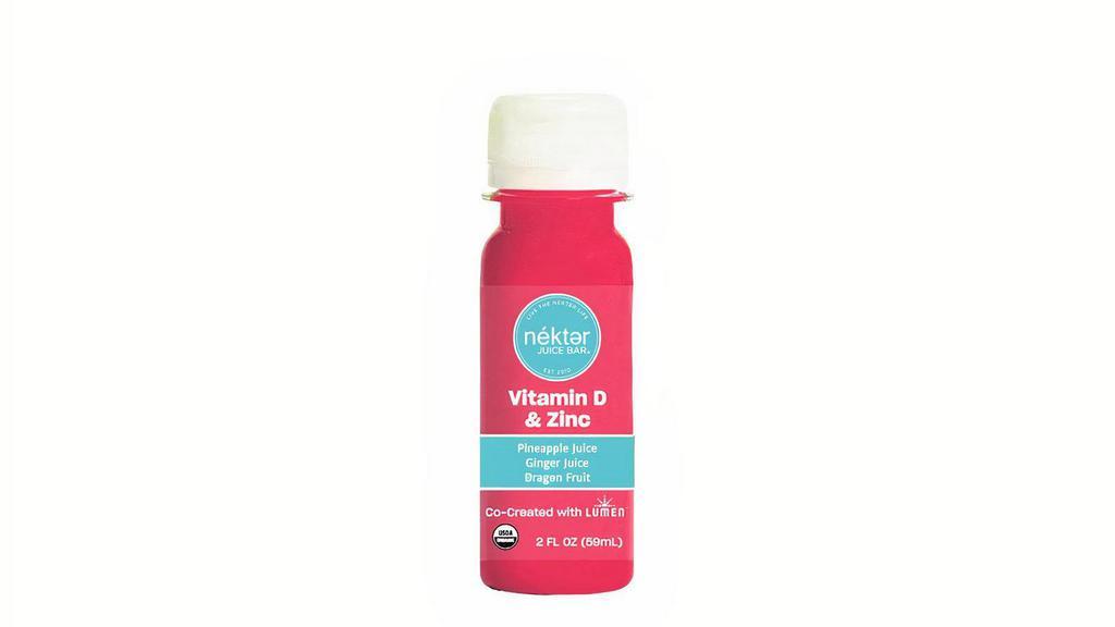 Lumen Vitamin D And Zinc Shot (Bottled) · Get 375% DV Vitamin D3 (3,000 IU) and 100% DV Zinc in this shot. With hemp, ginger, dragon fruit, pineapple, and orange juice, this shot tastes like a tropical smoothie with a ginger kick.