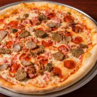 Meat Lovers Pizza · Hand-stretched dough with marinara, mozzarella cheese, pepperoni, ham, bacon, meatball, and ...