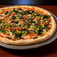 Vegetarian Pizza · Hand-stretched dough with marinara, mozzarella cheese, mushrooms, onions, bell peppers, toma...