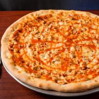 Buffalo Chicken Pizza · Hand-stretched dough with buffalo and bbq sauce, mozzarella cheese, crispy chicken strips to...