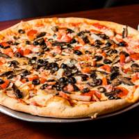 Supreme Pizza · Hand-stretched dough with marinara, mozzarella cheese, pepperoni, sausage, ham, mushrooms, o...