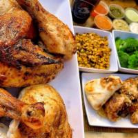 Whole Roasted Chicken Meal    (Family Meal) · Pre-cut Whole Chicken comes with your choice of 3Large sides, 3
 Large Dipping Sauces and 
4...