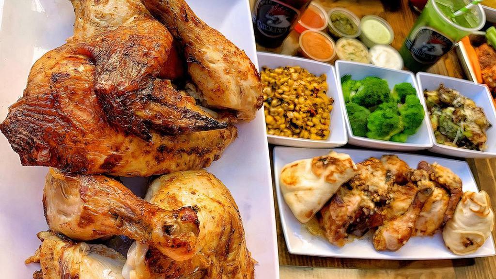Whole Roasted Chicken Meal    (Family Meal) · Pre-cut Whole Chicken comes with your choice of 3Large sides, 3
 Large Dipping Sauces and 
4 half slices of Nann Bread