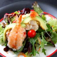 Seafood Salad · Shrimp, fresh scallop, crab, cucumber, marinated seaweed and daikon on top of gourmet spring...