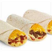 Breakfast Burritos · Scrambled eggs, freshly grated cheddar cheese, zesty red sauce, and choice of egg & cheese, ...