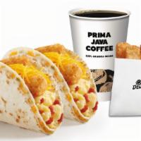 Hashbrowns & Bacon Stuffed Quesadilla Breakfast Tacos Meal · Enjoy 2 of our Hashbrowns & Bacon Stuffed Quesadilla Breakfast Tacos, Hashbrown Sticks and a...