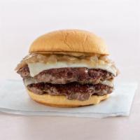 Roadside Double · Double Swiss cheeseburger with Dijon mustard and onions simmered in beer (contains wheat, mi...