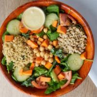 The Vegan Salad · Vegan. Organic quinoa, organic cucumber, barley, carrot, tomato, garbanzo beans, spring mix ...