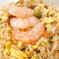 Shrimp Fried Rice · Fresh shrimp, eggs, green onion, carrot, peas.