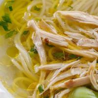 Chicken Noodle Soup · Chicken white meat, baby bok choy, green onion, cilantro.