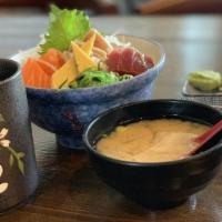 Deluxe Chirashi Don (Hot And New!!) · 10pcs Sashimi (including Bluefin Tuna Toro and Salmon Belly), Seaweed Salad, Fresh spicy blu...